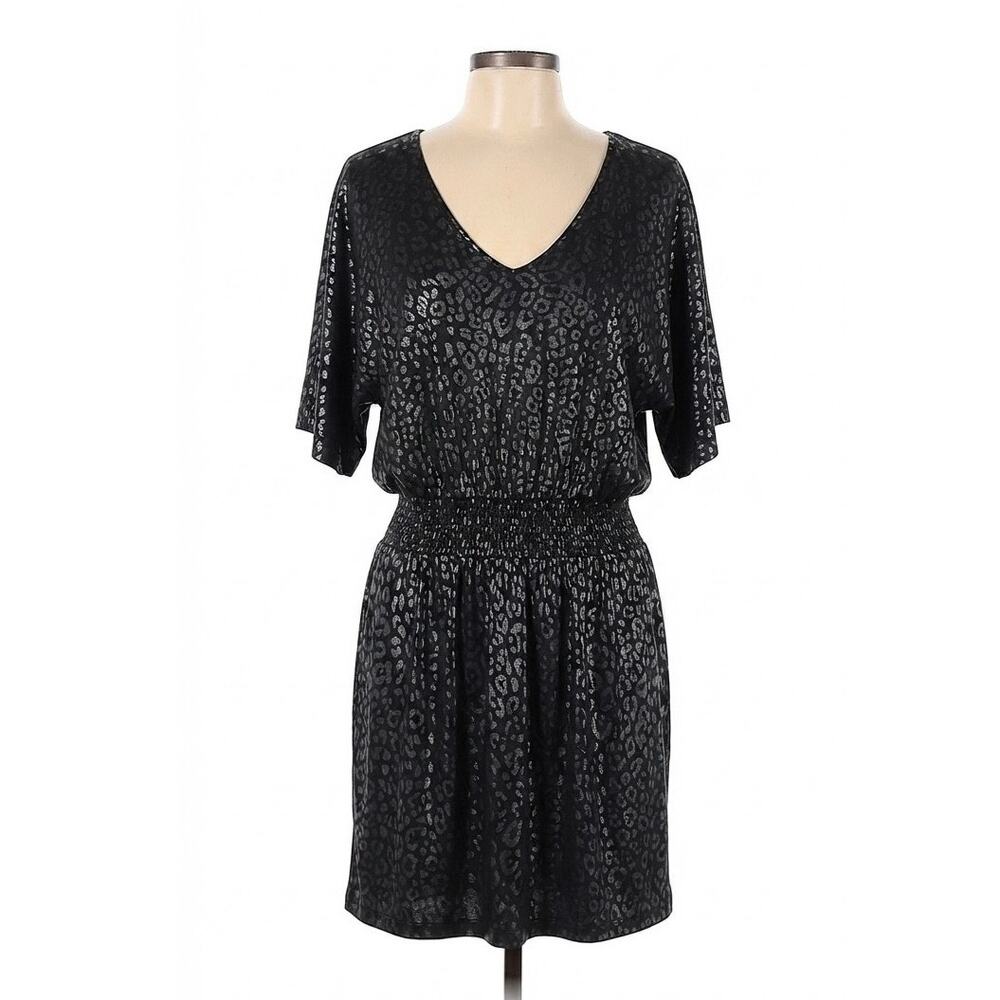 White House Black Market Animal Print Dress Medium Black V-Neck Smocked Waist